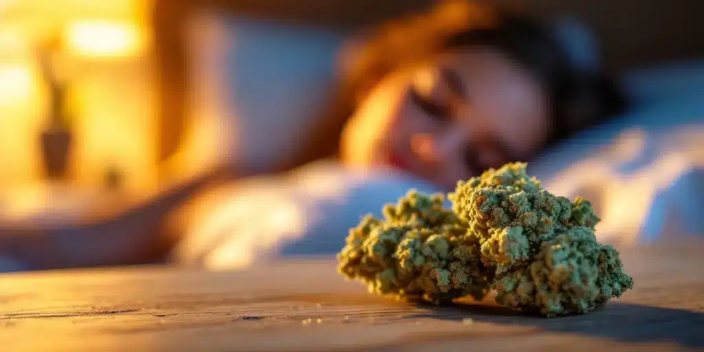 Marijuana buds placed on a bedside table with a person resting in bed, illustrating cannabis strains used to combat insomnia and enhance sleep quality.