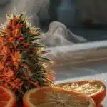 Hyper-realistic scene: vibrant cannabis bud with orange pistils and slices of orange and lemon, with smoke rising in sunlit room.