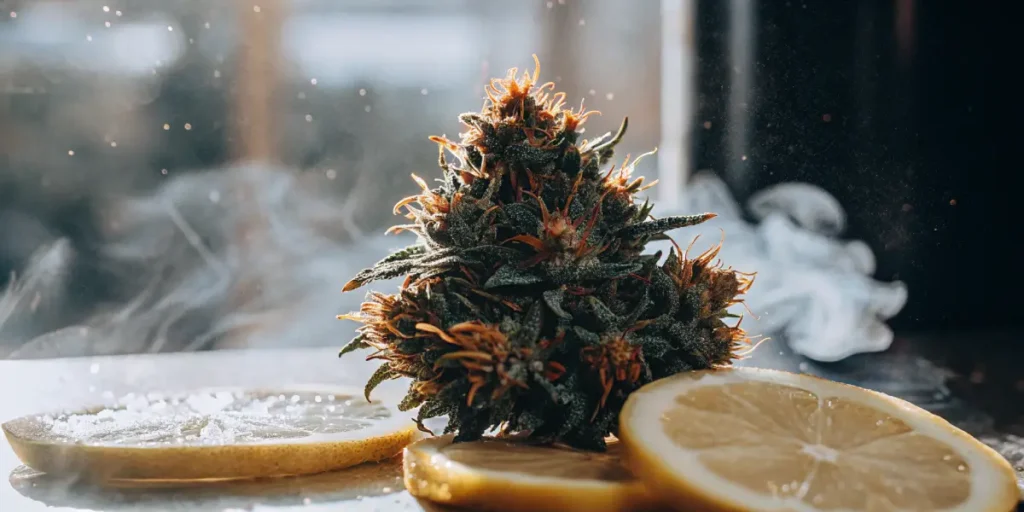 Hyper-realistic scene: vibrant cannabis bud with lemon slices sprinkled with salt, and smoke rising.