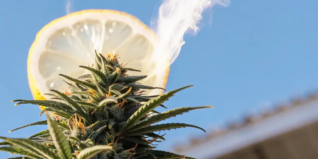 Hyper-realistic scene: vibrant cannabis bud with a lemon slice and smoke rising against a clear blue sky.