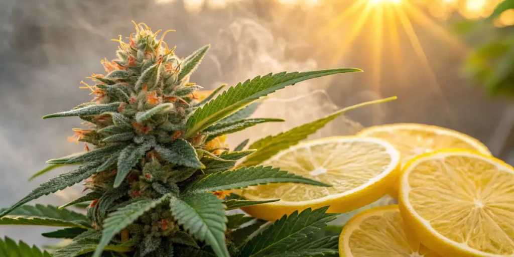 Hyper-realistic scene: vibrant cannabis bud with orange pistils and sliced lemons, bathed in golden sunlight with mist.