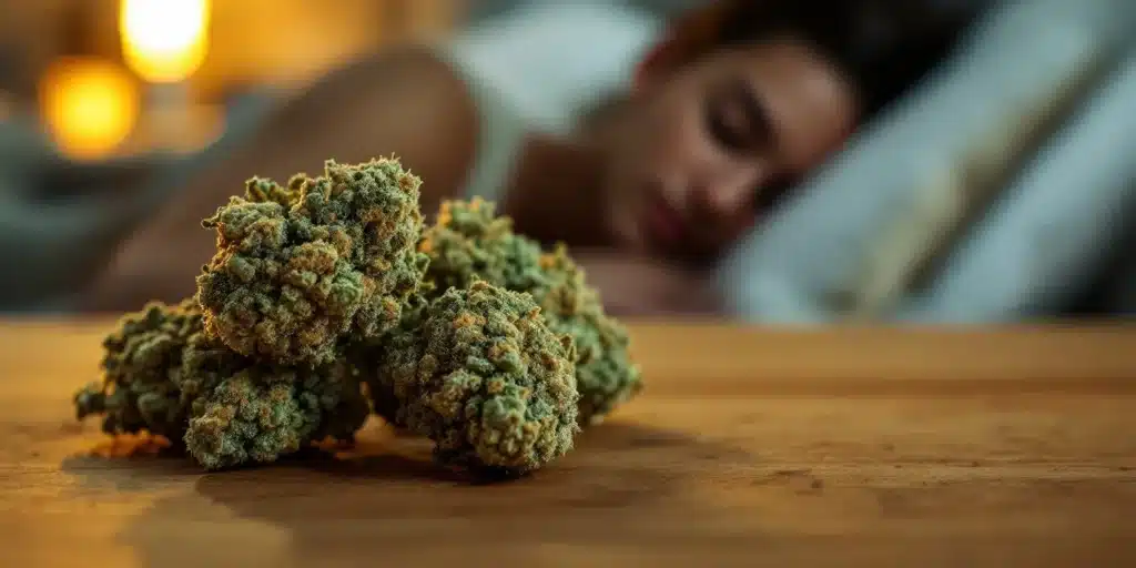Close-up of premium marijuana buds on a wooden table with a person sleeping peacefully in the background, representing the best cannabis strains for insomnia relief.