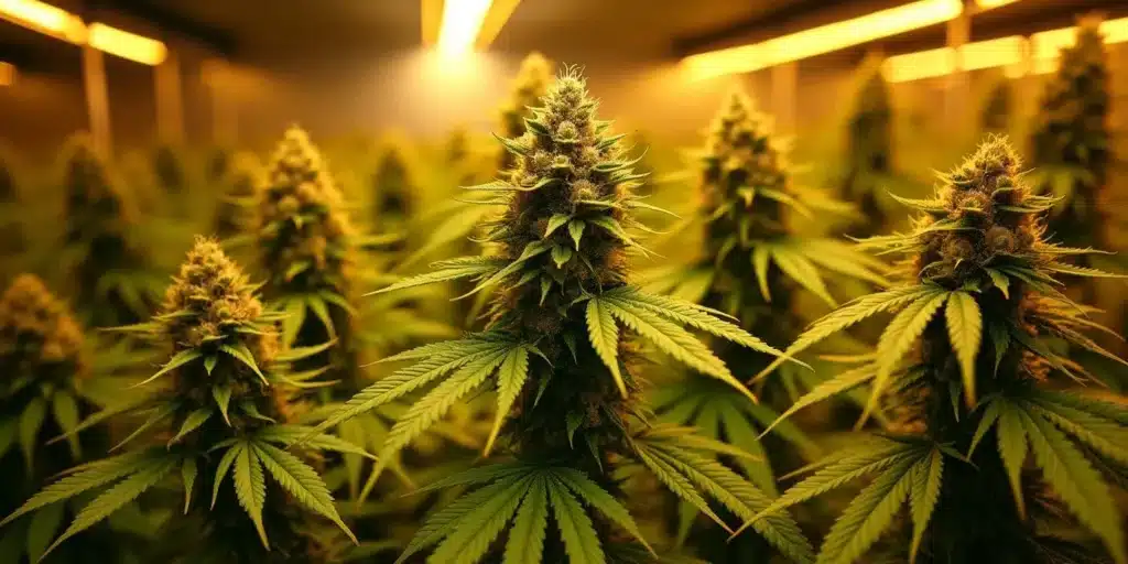 Indoor cannabis plants grown from fast feminized seeds, showcasing dense buds and quick flowering under LED grow lights.