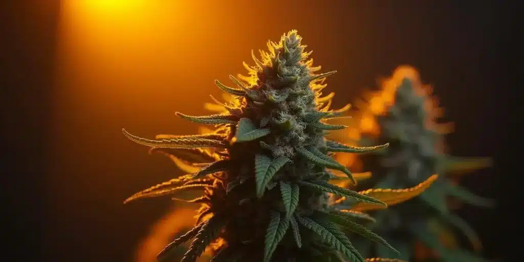 Single cannabis plant with frosty trichomes grown from fast feminized seeds