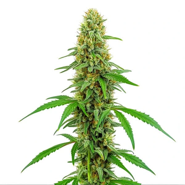 A cannabis plant of the Green Crack strain, showcasing tall and densely packed buds with green leaves and orange pistils.