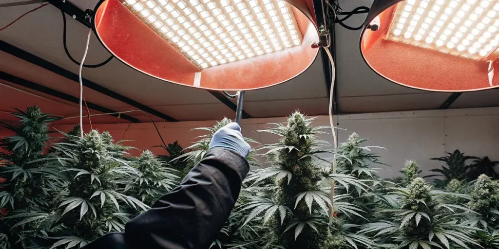 Gloved hands holding two mature cannabis colas under indoor grow lights.