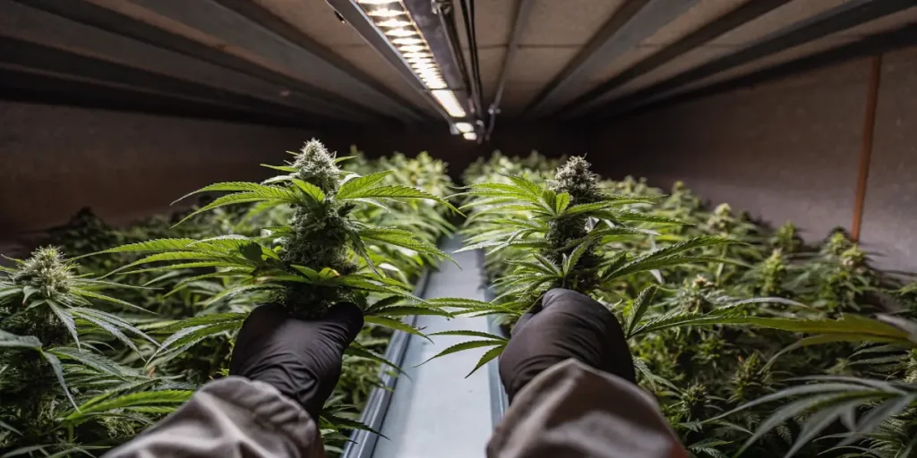 Gloved hand adjusting LED grow light above mature indoor cannabis plants.