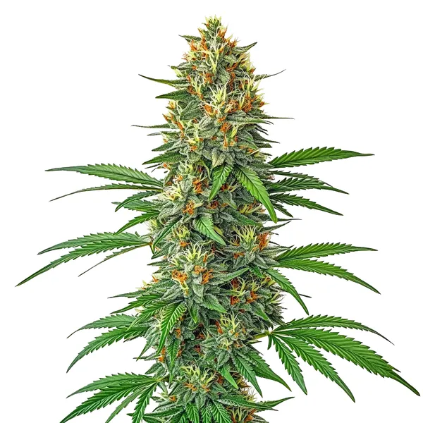 Tangie Auto cannabis plant with bright green buds, vibrant orange pistils, and lush green leaves