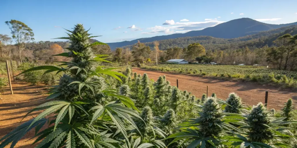 Cannabis farm with tall plants, stretching across the landscape, set against mountains and clear skies.