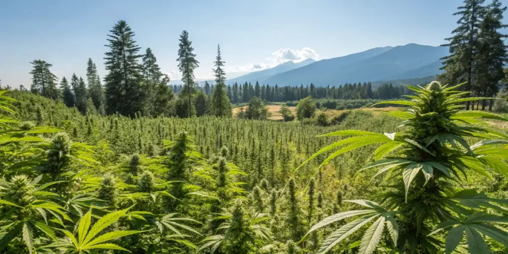 Vast cannabis field with rows of plants, set against a backdrop of mountains and trees.