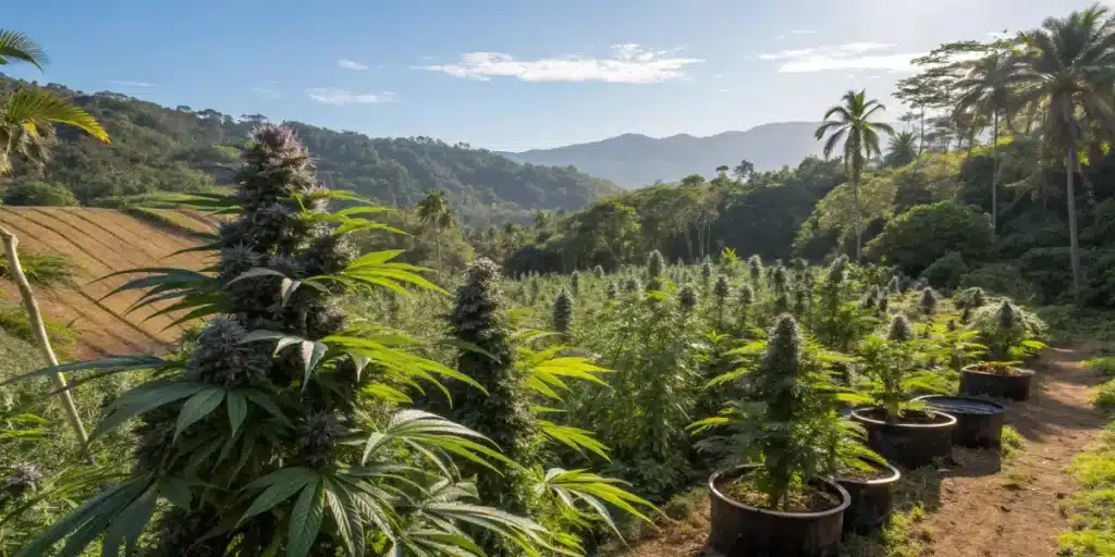 Lush cannabis plants growing in a sunlit mountain plantation, surrounded by tropical greenery and distant rolling hills.