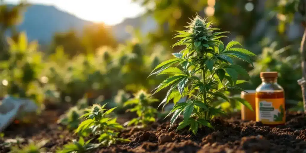Chemdog #4 cannabis plant growing outdoors with nutrient solutions in the background, emphasizing proper plant nutrition for robust development.