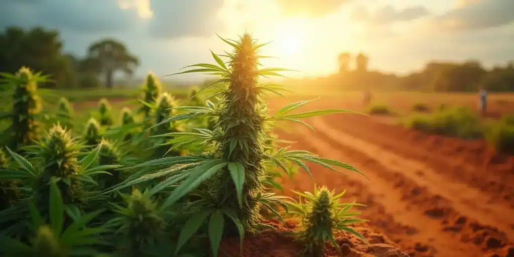 Mamba Negra CBG plant flourishing in an outdoor field with dense buds and vibrant green foliage under a bright setting sun.