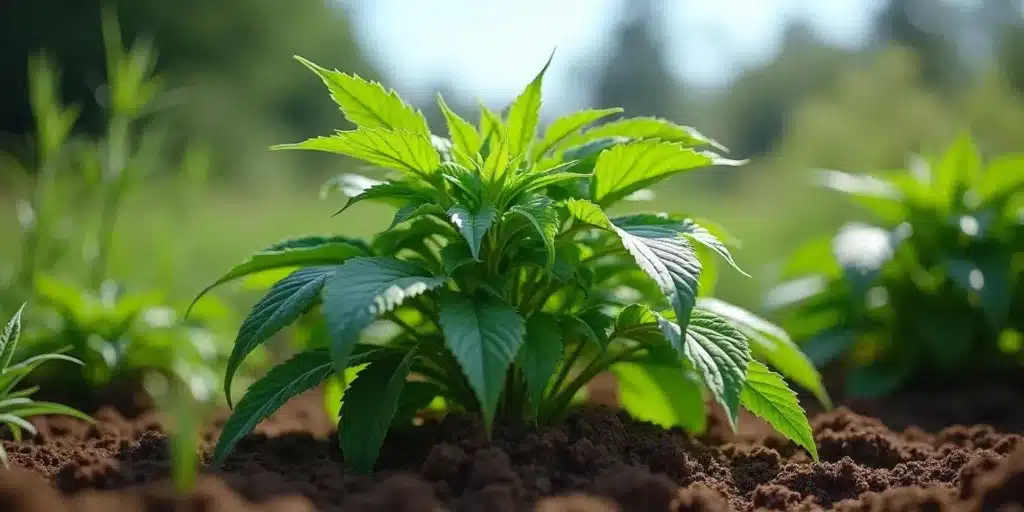 Close-up of a young Mamba Negra CBG plant growing outdoors in fertile soil, showcasing lush green leaves during the early vegetative stage.
