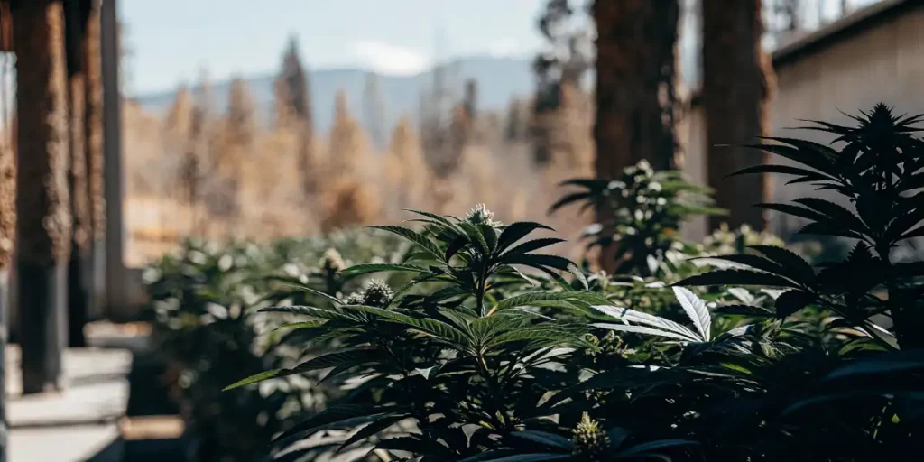 Indoor cannabis garden with green plants growing under natural light.