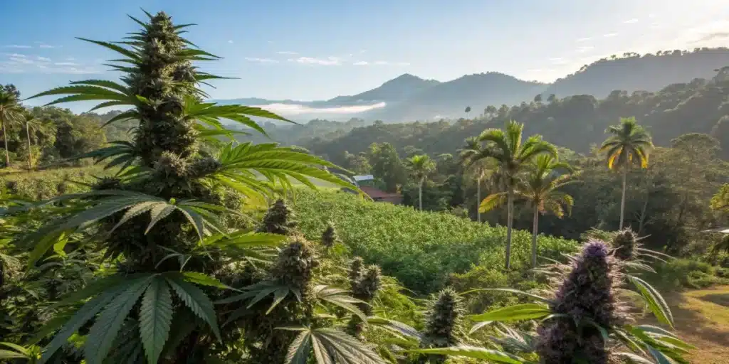Thriving cannabis plants with dense buds in a lush mountain farm, bathed in warm morning sunlight with misty hills in the background.