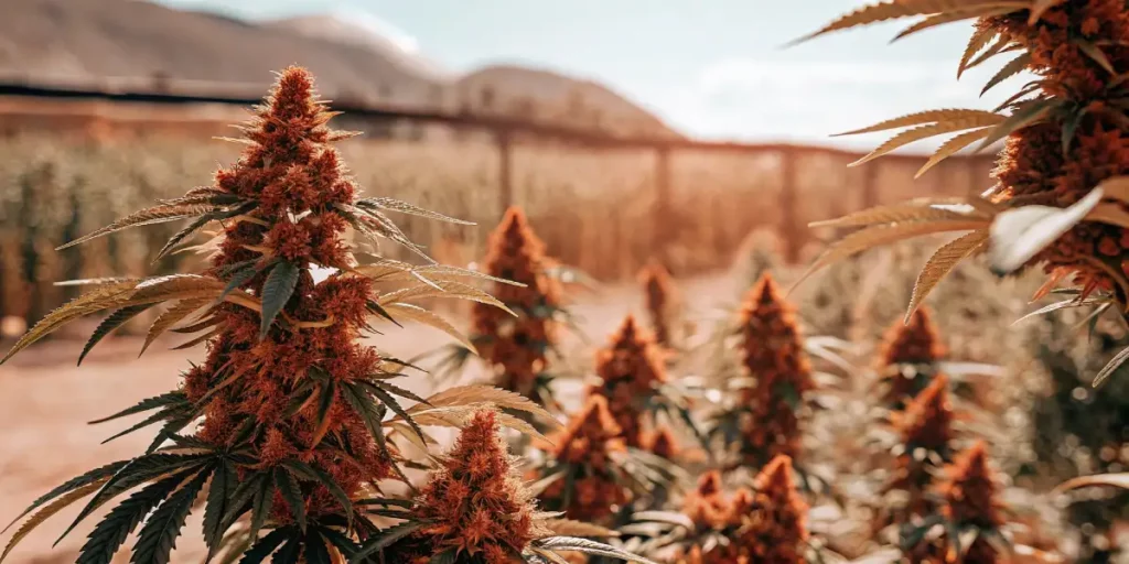 Outdoor cannabis plants with dense orange buds growing under the bright sunlight.