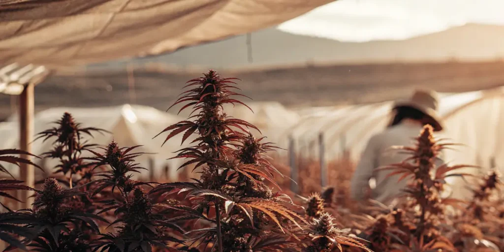 Hyper-realistic outdoor cannabis garden featuring mature plants with prominent reddish-brown hues under a partial shade structure, with a person in background.