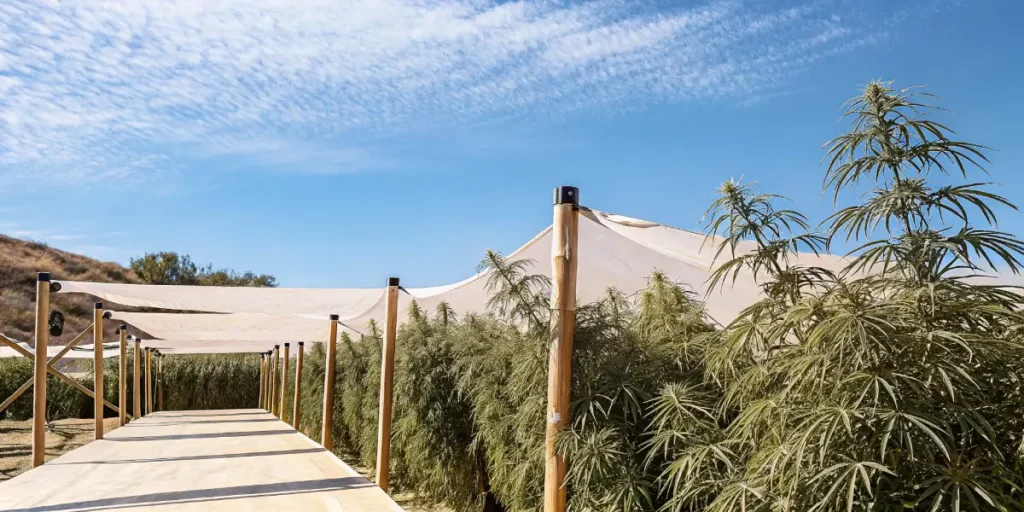 Hyper-realistic outdoor cannabis garden featuring a shaded walkway with wooden posts, alongside rows of lush cannabis plants under a blue sky with wispy clouds.
