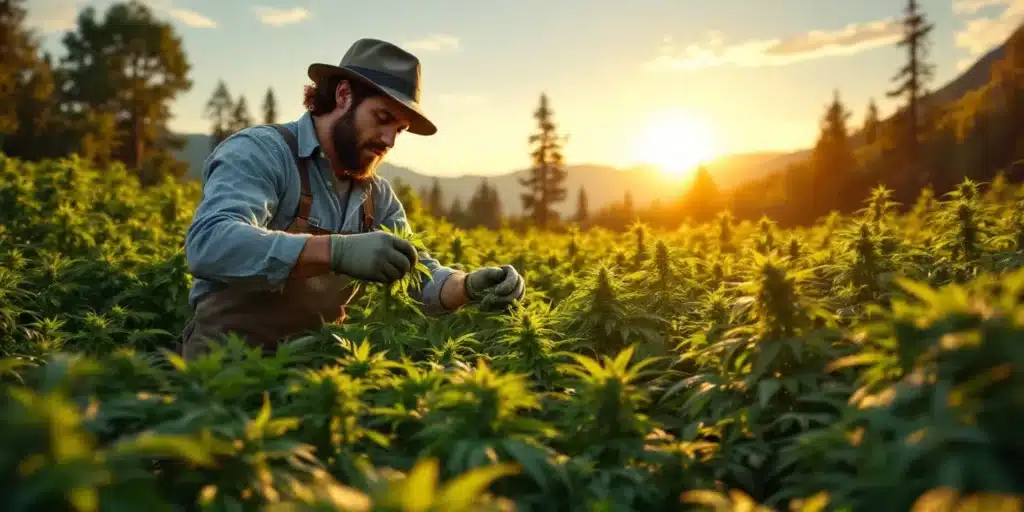 A farmer tending to a large field of Chemdog #4 cannabis plants outdoors during sunset, ensuring optimal growth and quality cultivation.