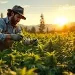 A farmer tending to a large field of Chemdog #4 cannabis plants outdoors during sunset, ensuring optimal growth and quality cultivation.
