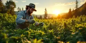 A farmer tending to a large field of Chemdog #4 cannabis plants outdoors during sunset, ensuring optimal growth and quality cultivation.