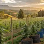 Blue Dream cannabis farm with large plants in fabric pots, set against rolling hills and a golden sunset, showcasing sustainable outdoor cultivation.