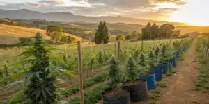 Blue Dream cannabis farm with large plants in fabric pots, set against rolling hills and a golden sunset, showcasing sustainable outdoor cultivation.