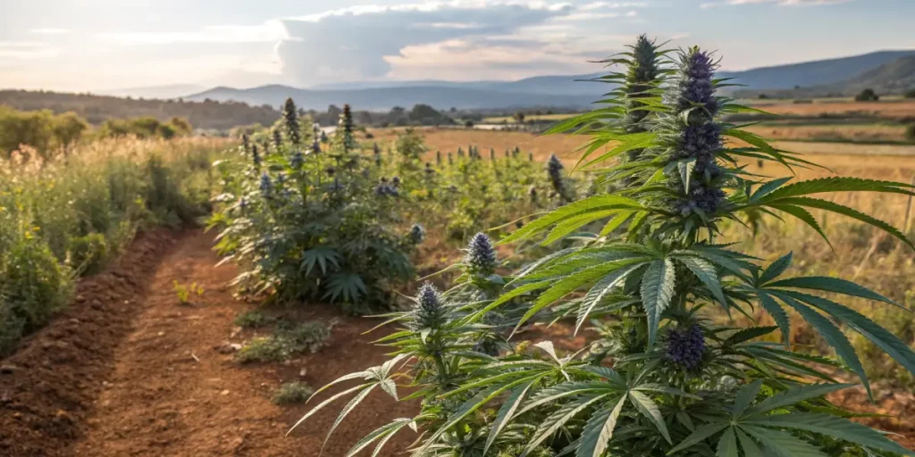 Blue Dream cannabis plant growing in a sunlit field with mountains in the background.