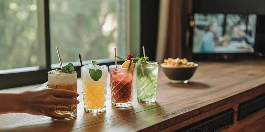 A hand reaching for one of four elegant CBD-infused cocktails on a wooden bar counter, with a blurred TV and window in the background.