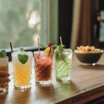 A hand reaching for one of four elegant CBD-infused cocktails on a wooden bar counter, with a blurred TV and window in the background.