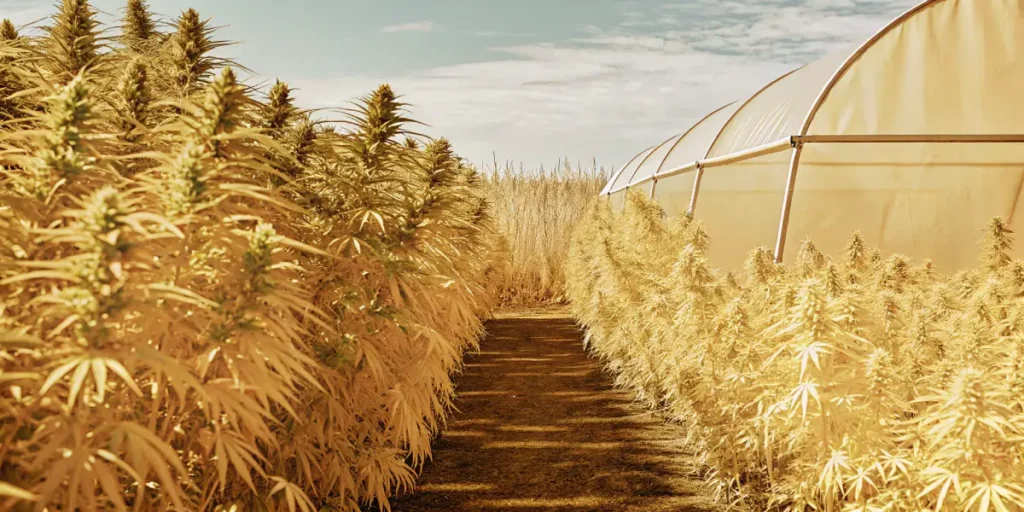 Hyper-realistic outdoor cannabis farm with rows of tall, golden-hued plants bordering a central pathway under a clear sky.