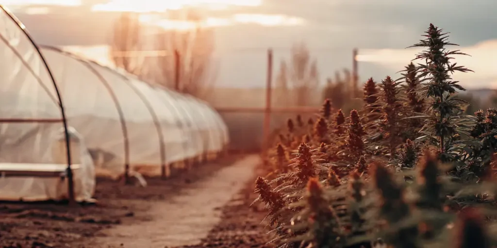 Hyper-realistic outdoor cannabis field with rows of plants and a large greenhouse structure, illuminated by the setting sun.