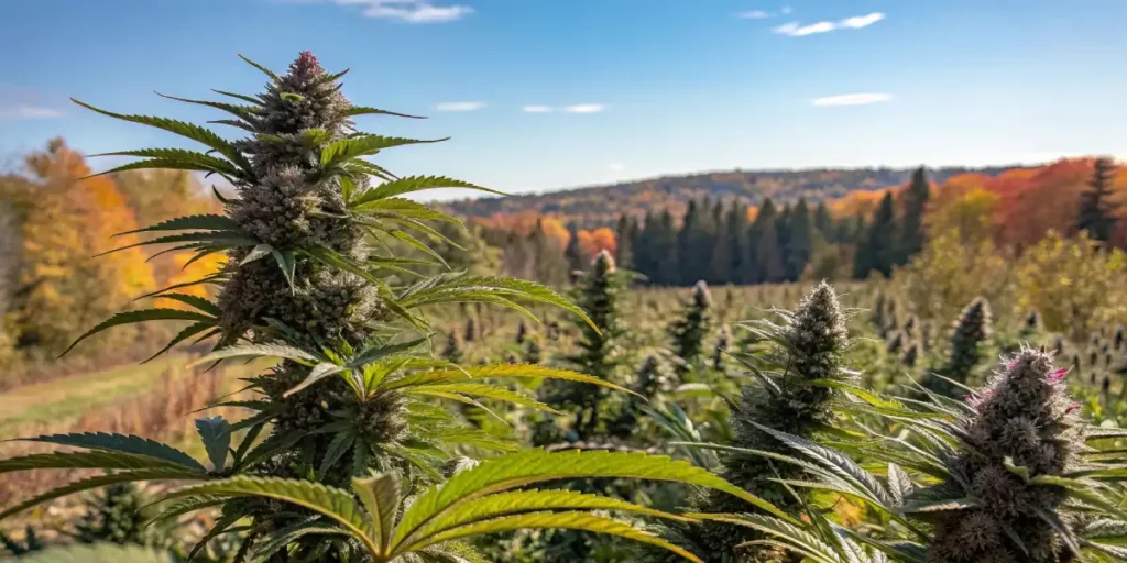 OG Kush cannabis plant with dense buds, surrounded by autumn-colored trees and bright skies.