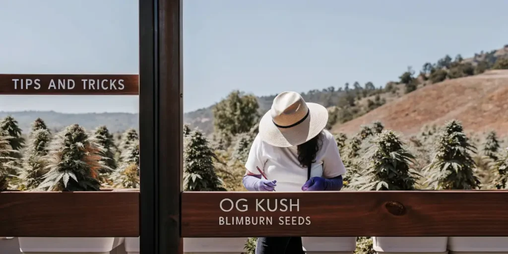 Hyper-realistic scene: person in a straw hat taking notes in an outdoor cannabis field, with "TIPS AND TRICKS" and "OG KUSH BLIMBURN SEEDS" signs.