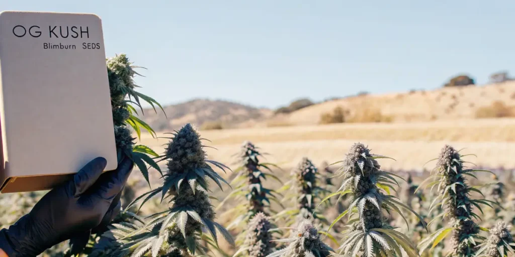 Hyper-realistic scene: gloved hand holding a box labeled "OG KUSH Blimburn SEDS" (sic) in an outdoor cannabis field, with rolling hills.