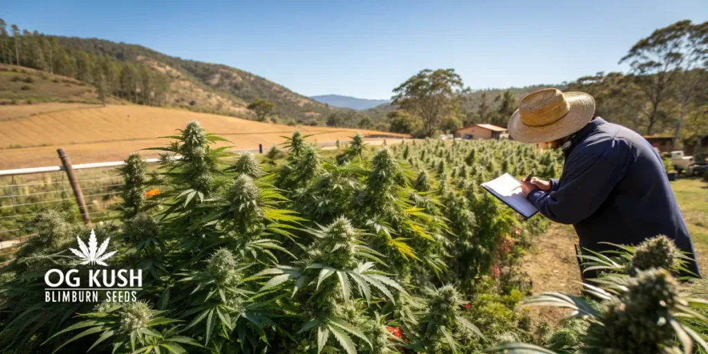 Hyper-realistic scene: farmer taking notes in a lush outdoor cannabis field with "OG KUSH BLIMBURN SEEDS" logo, and distant hills.