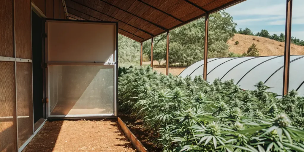Hyper-realistic view of an outdoor cannabis grow area under a covered structure, with lush plants and a greenhouse.