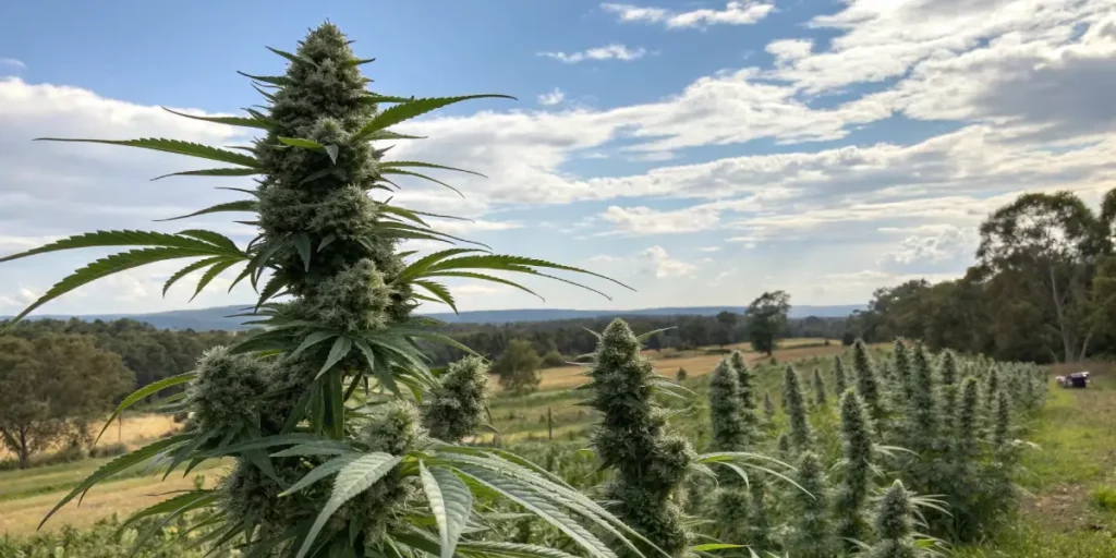 A Silver cannabis strain plant growing outdoors in a sunny field, surrounded by rows of similar plants, with a clear sky and trees in the background.