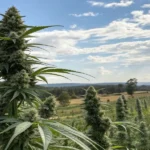 A Silver cannabis strain plant growing outdoors in a sunny field, surrounded by rows of similar plants, with a clear sky and trees in the background.
