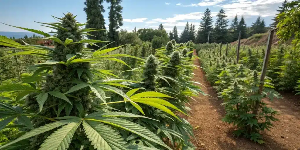 Organic cannabis farm with tall, resinous plants growing in neat rows under a bright sky, surrounded by lush greenery and distant trees.