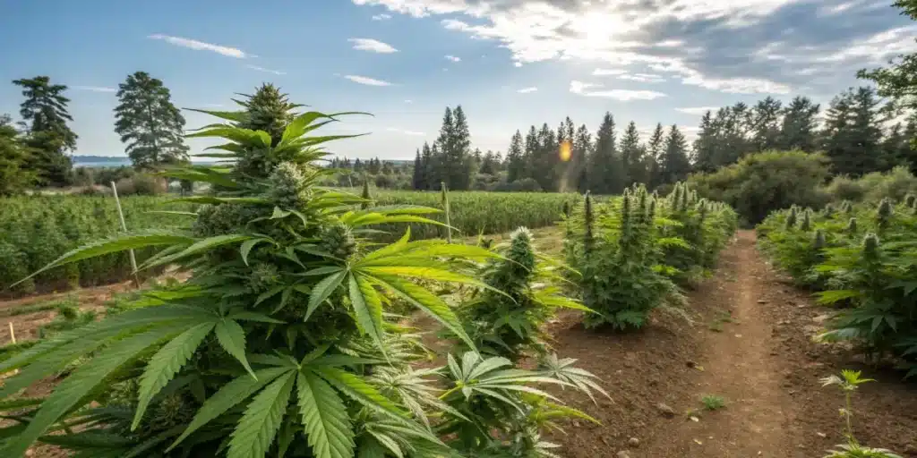 Lush outdoor cannabis farm with tall, flowering plants under a bright sky, surrounded by green fields and dense trees in the background.