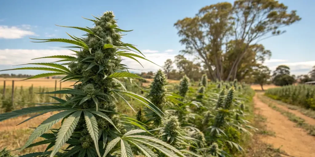 Silver Surfer outdoor cannabis plant in full bloom on a sunlit rural farm.