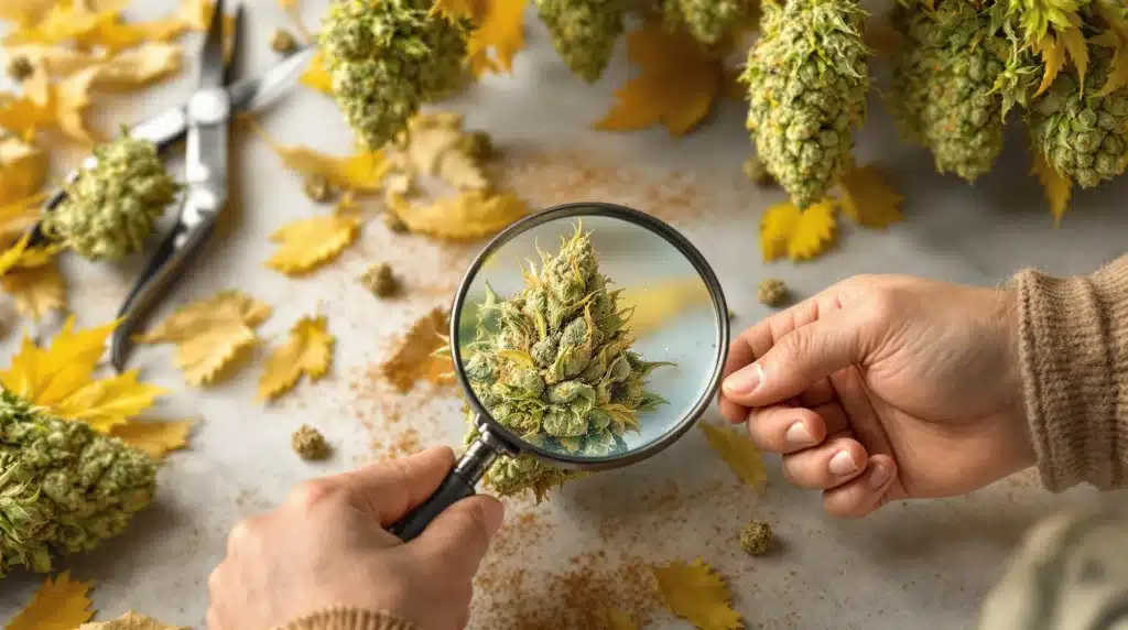Hands holding a magnifying glass examining a cannabis bud with trichomes, surrounded by leaves and trimming scissors.
