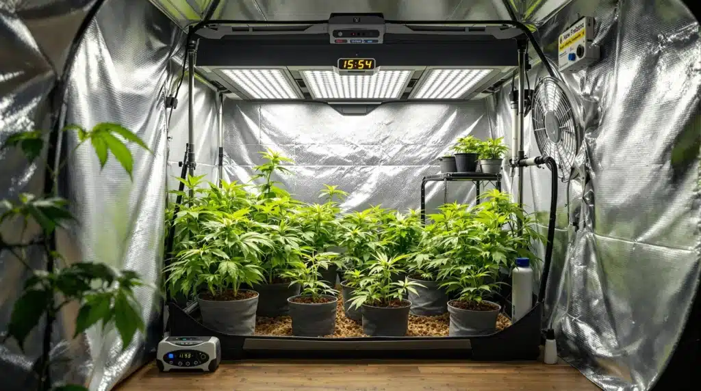 An indoor cannabis grow tent with potted plants under LED lights, equipped with fans and climate control devices.