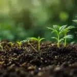 Young cannabis seedlings emerging from nutrient-rich soil with a blurred green background.
