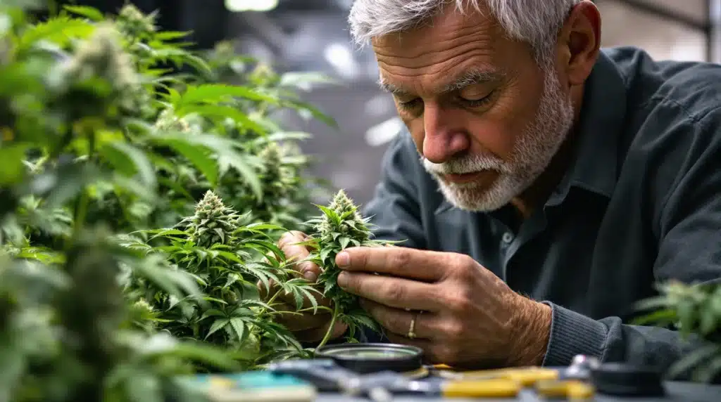 A scientist using a magnifying glass to examine cannabis leaves in a greenhouse.
