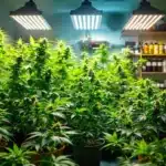 Indoor grow room filled with thriving cannabis plants under bright LED grow lights.