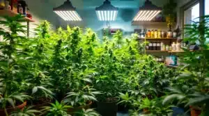 Indoor grow room filled with thriving cannabis plants under bright LED grow lights.