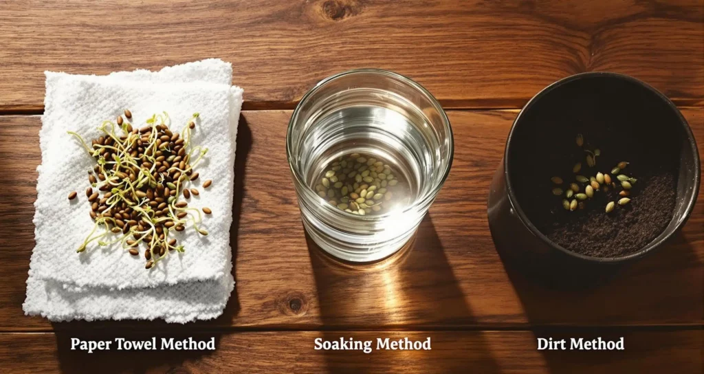 Three cannabis seed germination methods: paper towel, soaking, and dirt method on a wooden surface.